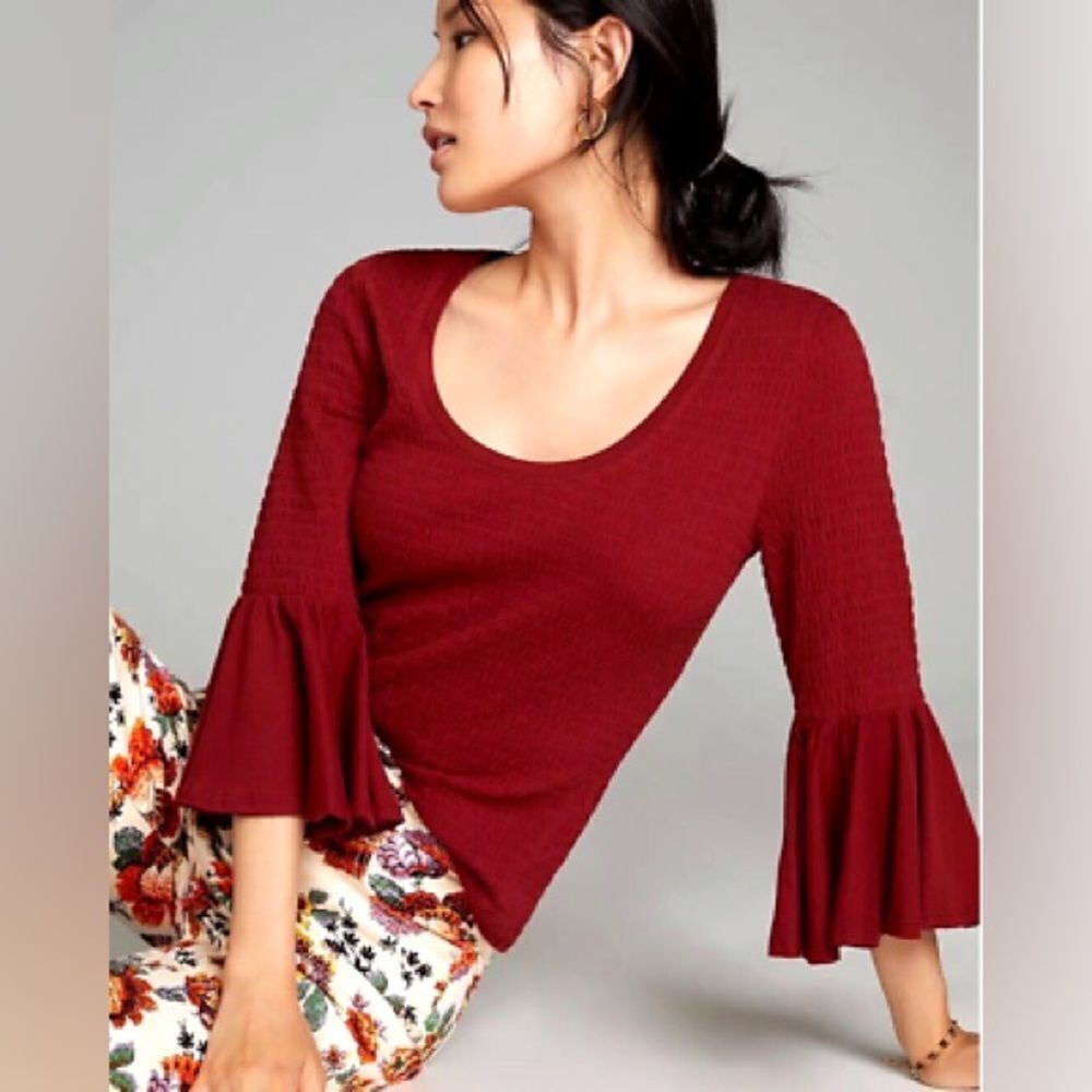 Anthropologie M Smocked Bell Sleeve Top Shirt Blouse Wine Red Burgundy
